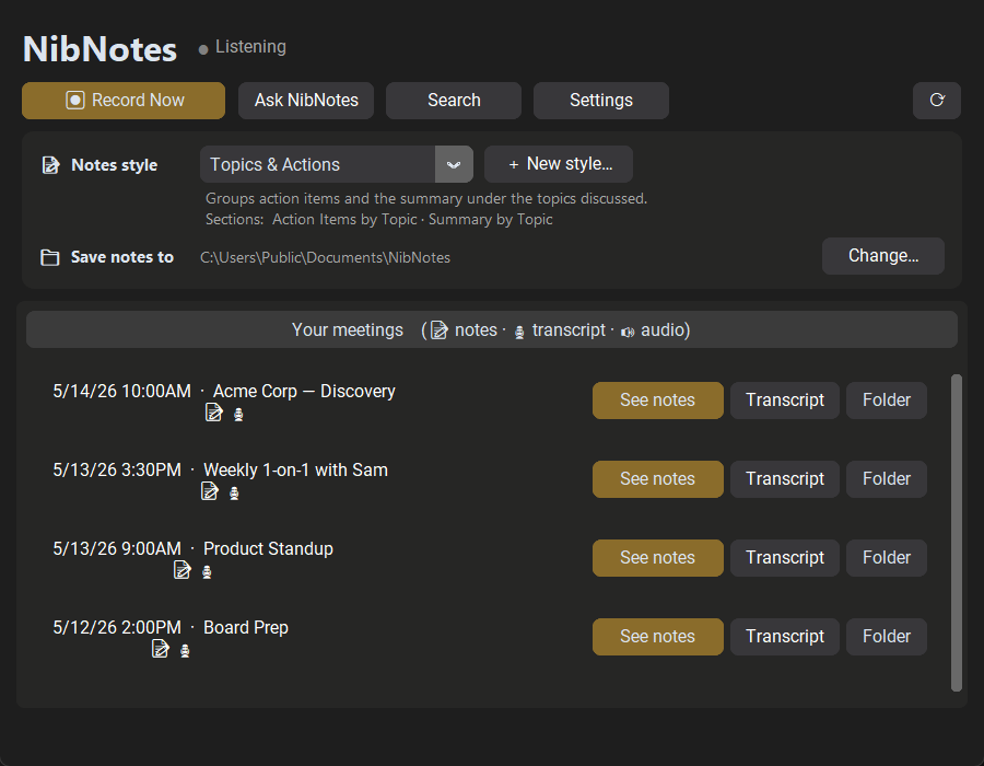 The NibNotes app showing a week of meetings, each already written up