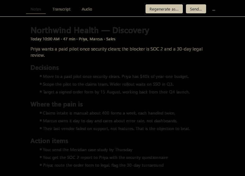 A finished NibNotes note: the decisions, where the pain is, and action items with owners