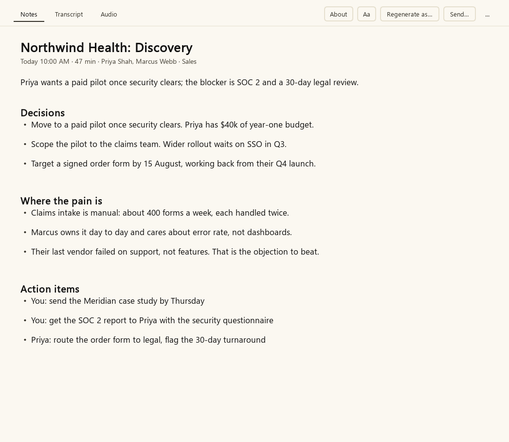A finished NibNotes note: the decisions, where the pain is, and action items with owners
