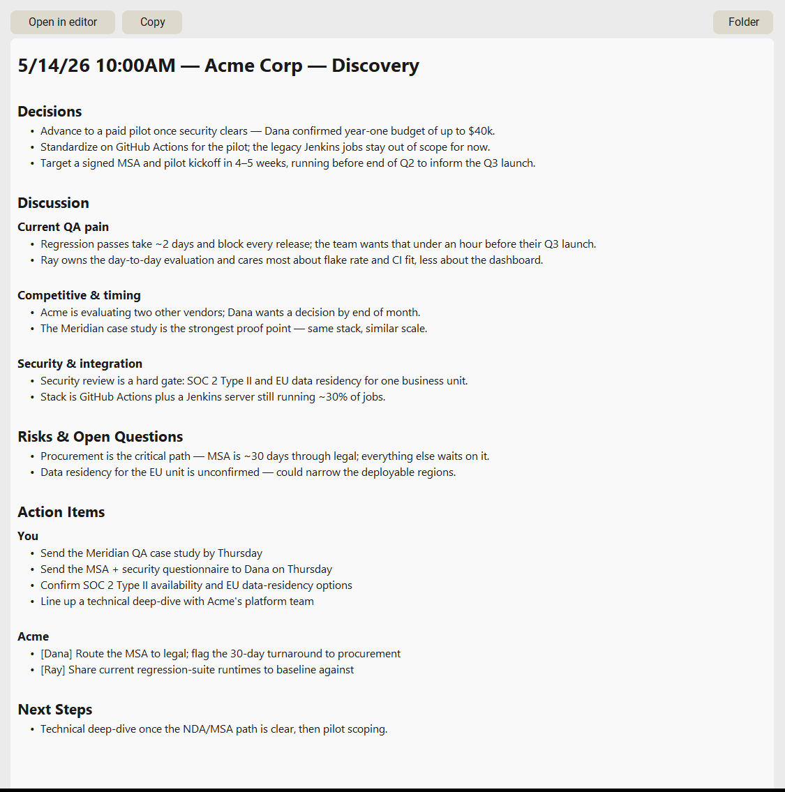 A finished NibNotes note: action items and a summary, by topic
