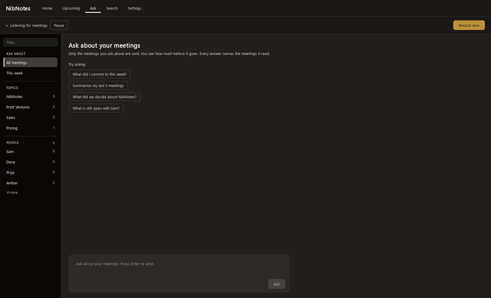 The Ask screen: a question box, suggested questions, and the meetings it will read listed on the left