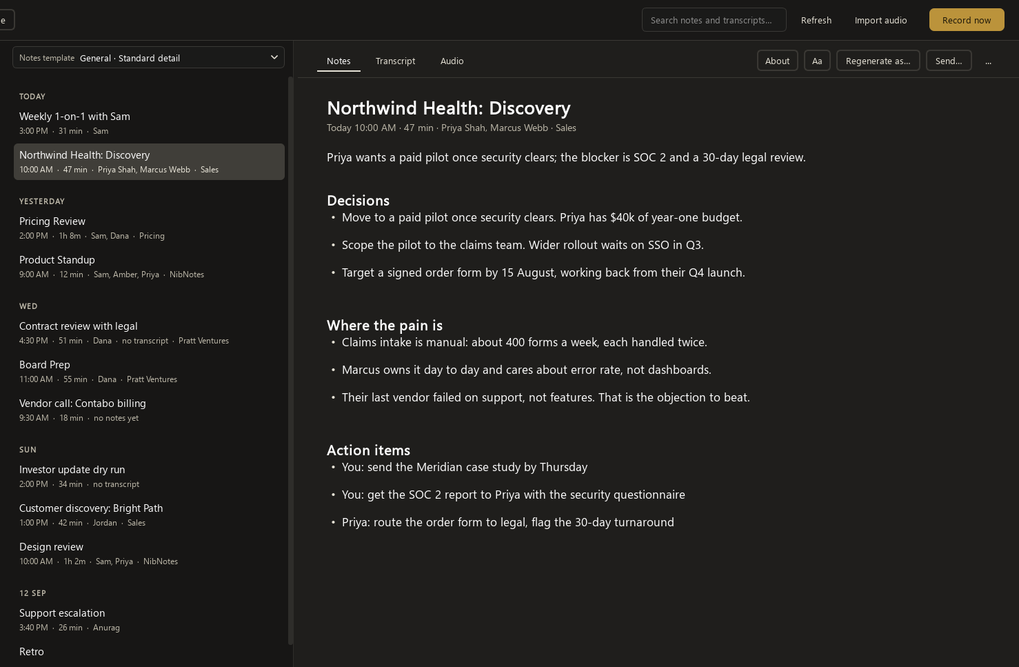 The NibNotes app: a week of meetings on the left, the finished write-up of one of them on the right