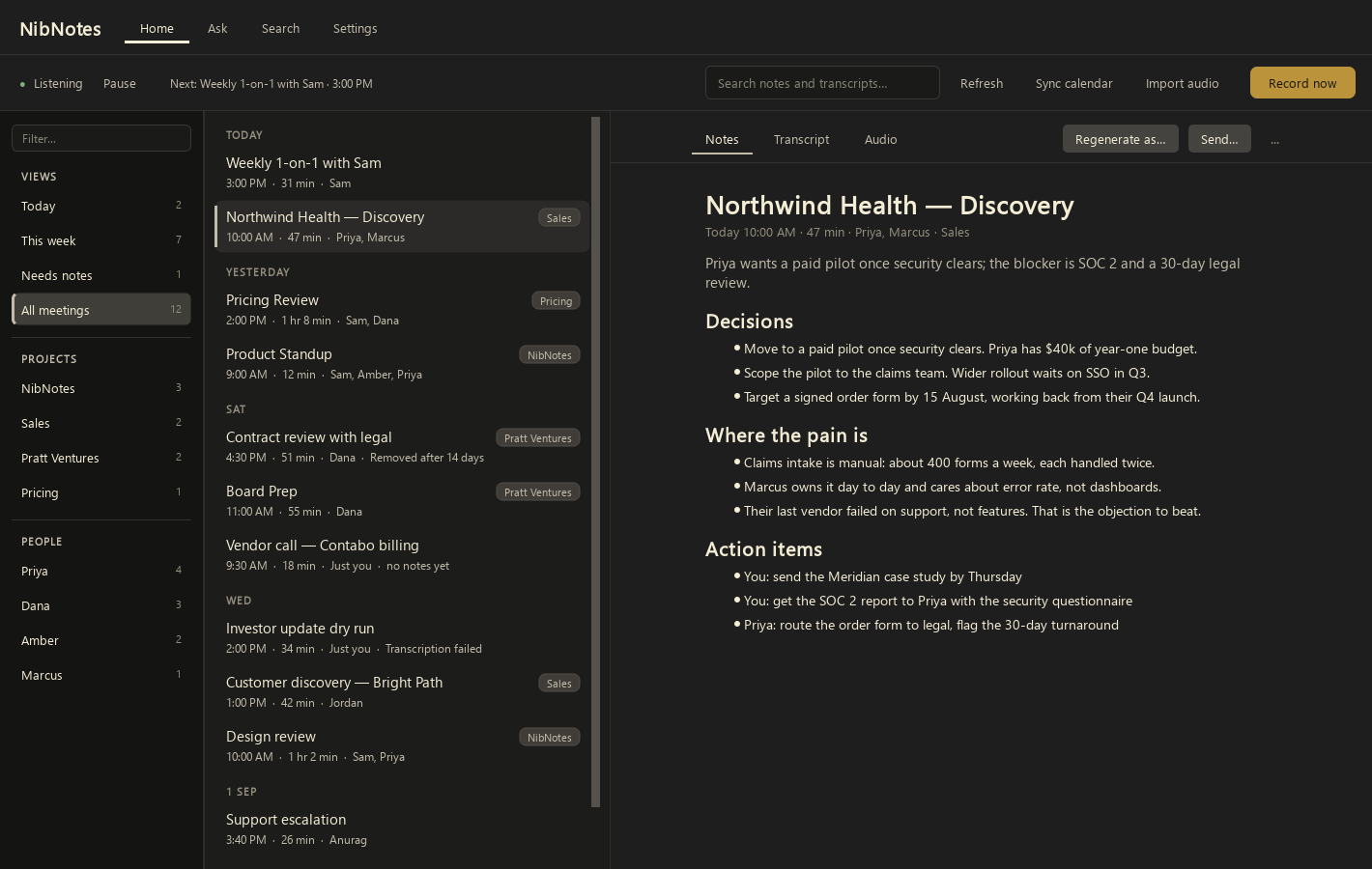 The NibNotes app: a week of meetings on the left, the finished write-up of one of them on the right