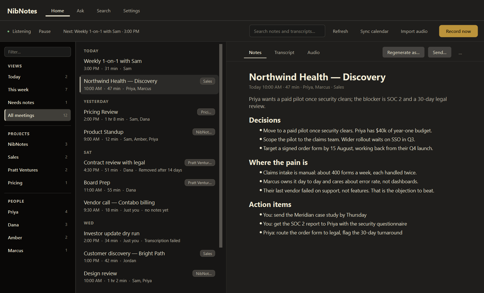 The NibNotes app: a week of meetings on the left, the finished write-up of one of them on the right
